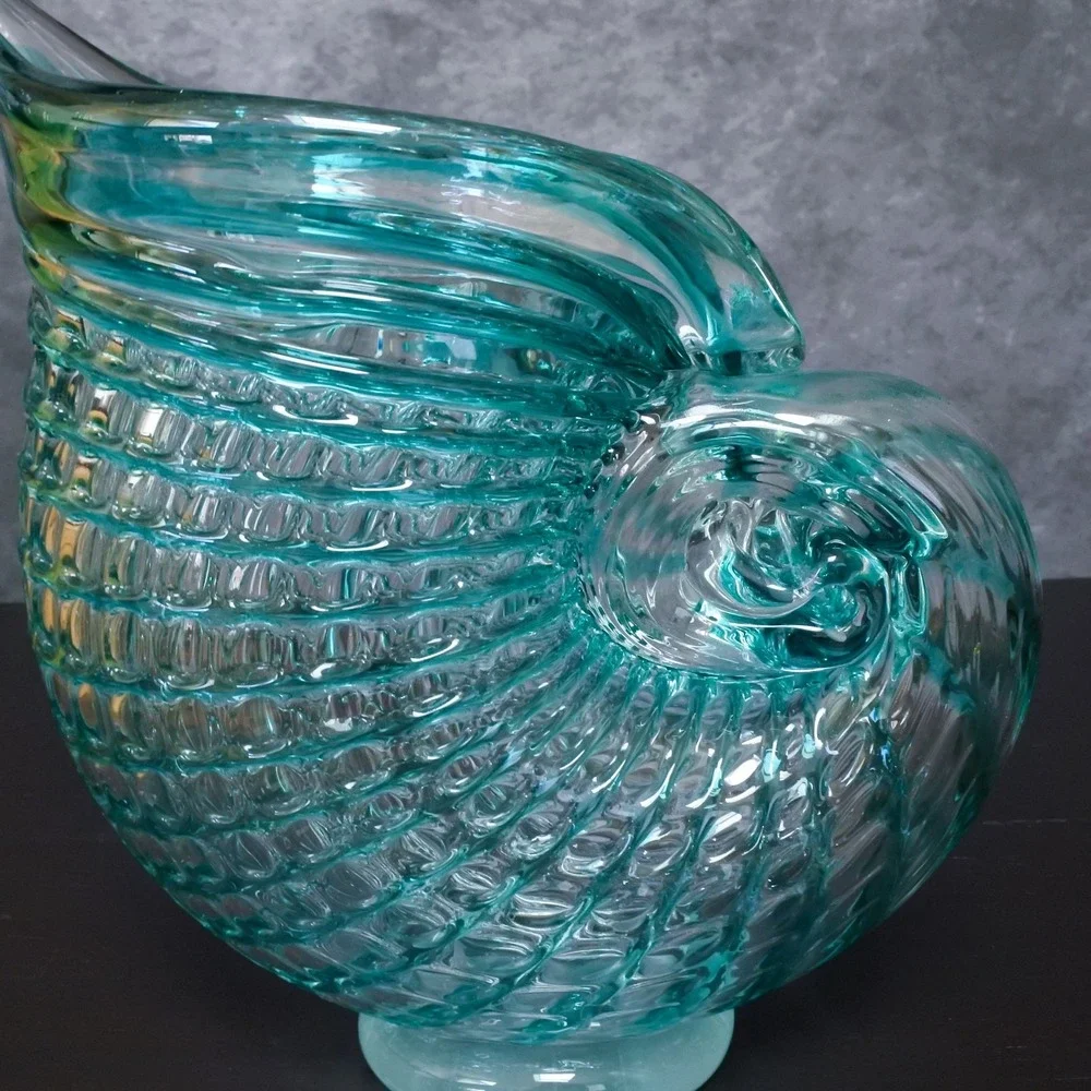 Hand Blown Art Glass Green Blue Nautilus Conch Sea Shell Vase